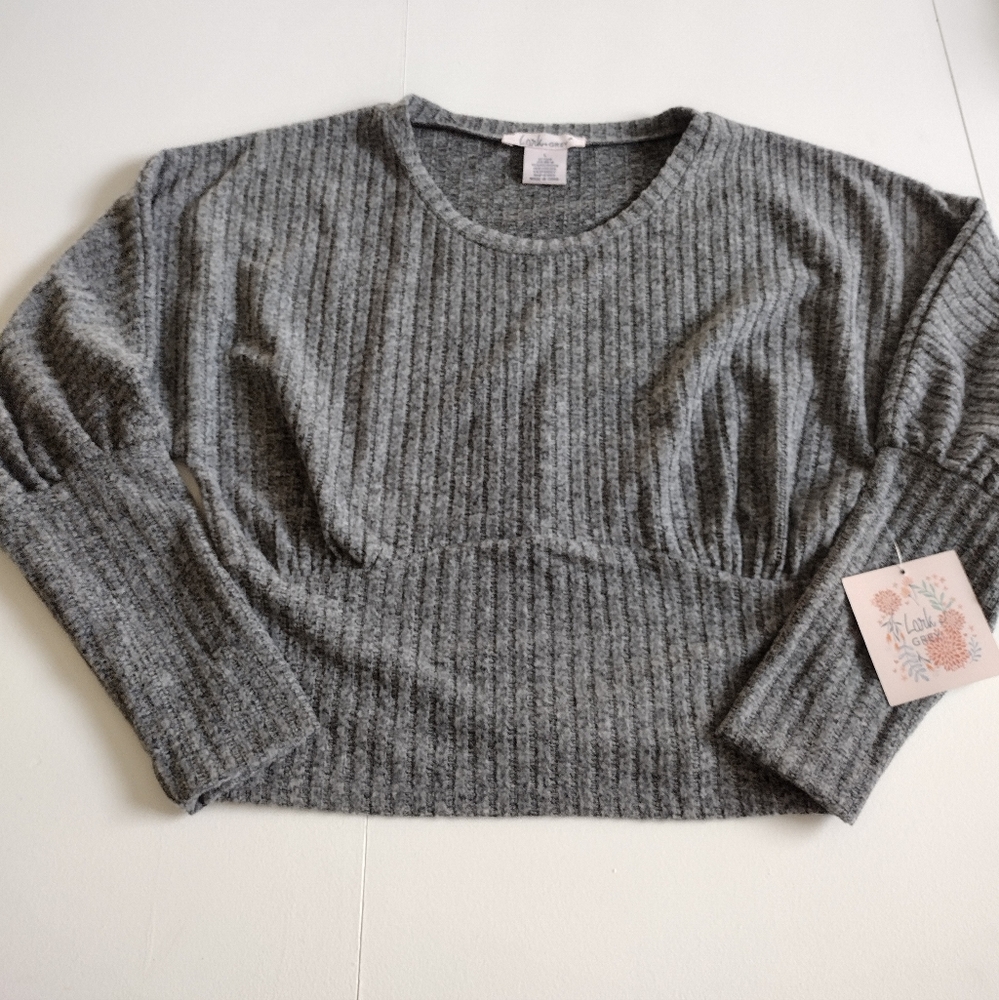 Lark + Grey Women’s Cropped Sweater Ribbed Bishop Sleeve Size L